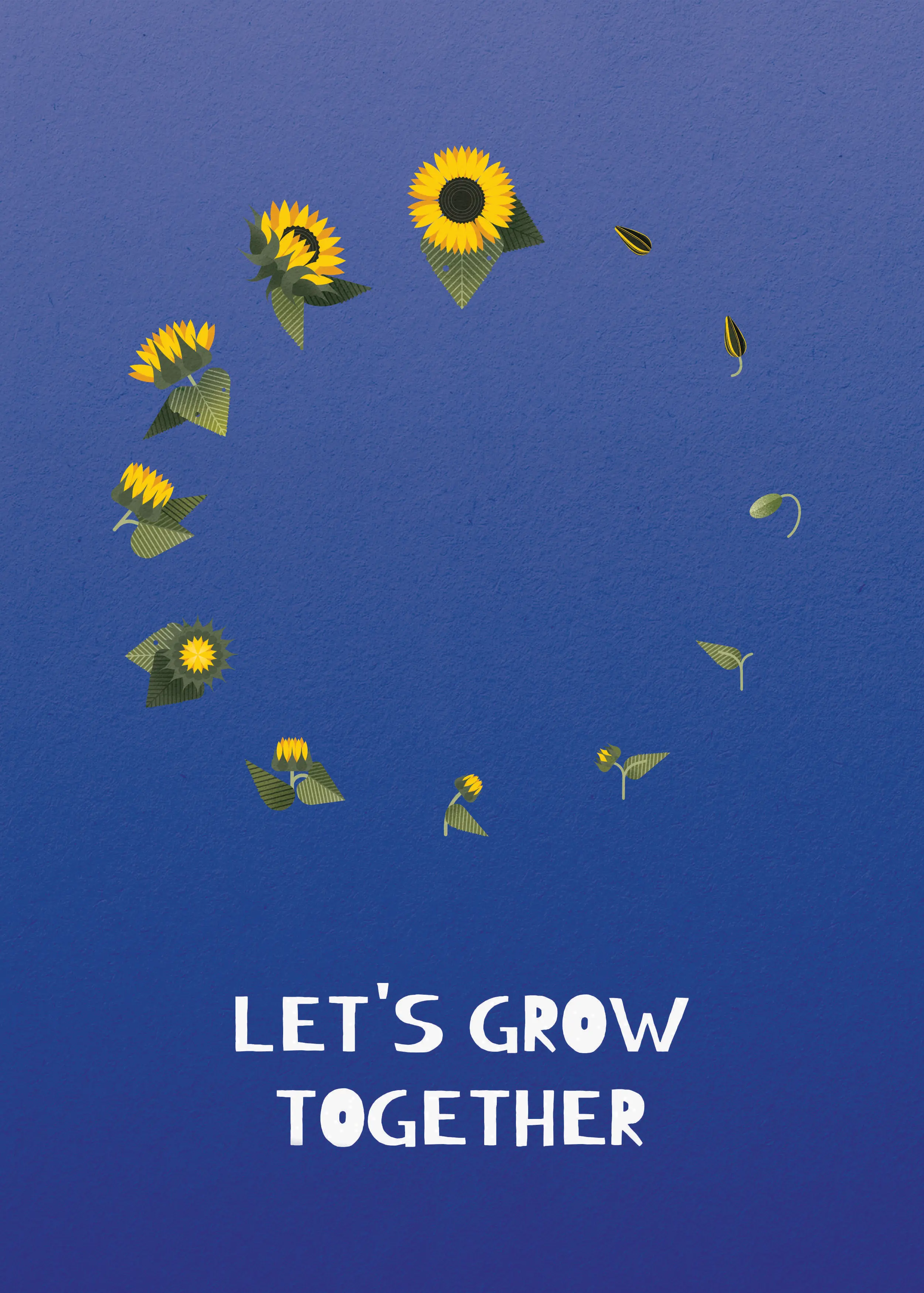 A symbolic poster illustration showing the life cycle of a sunflower arranged in a circular composition on a blue background, representing growth, resilience, and hope in support of Ukraine.