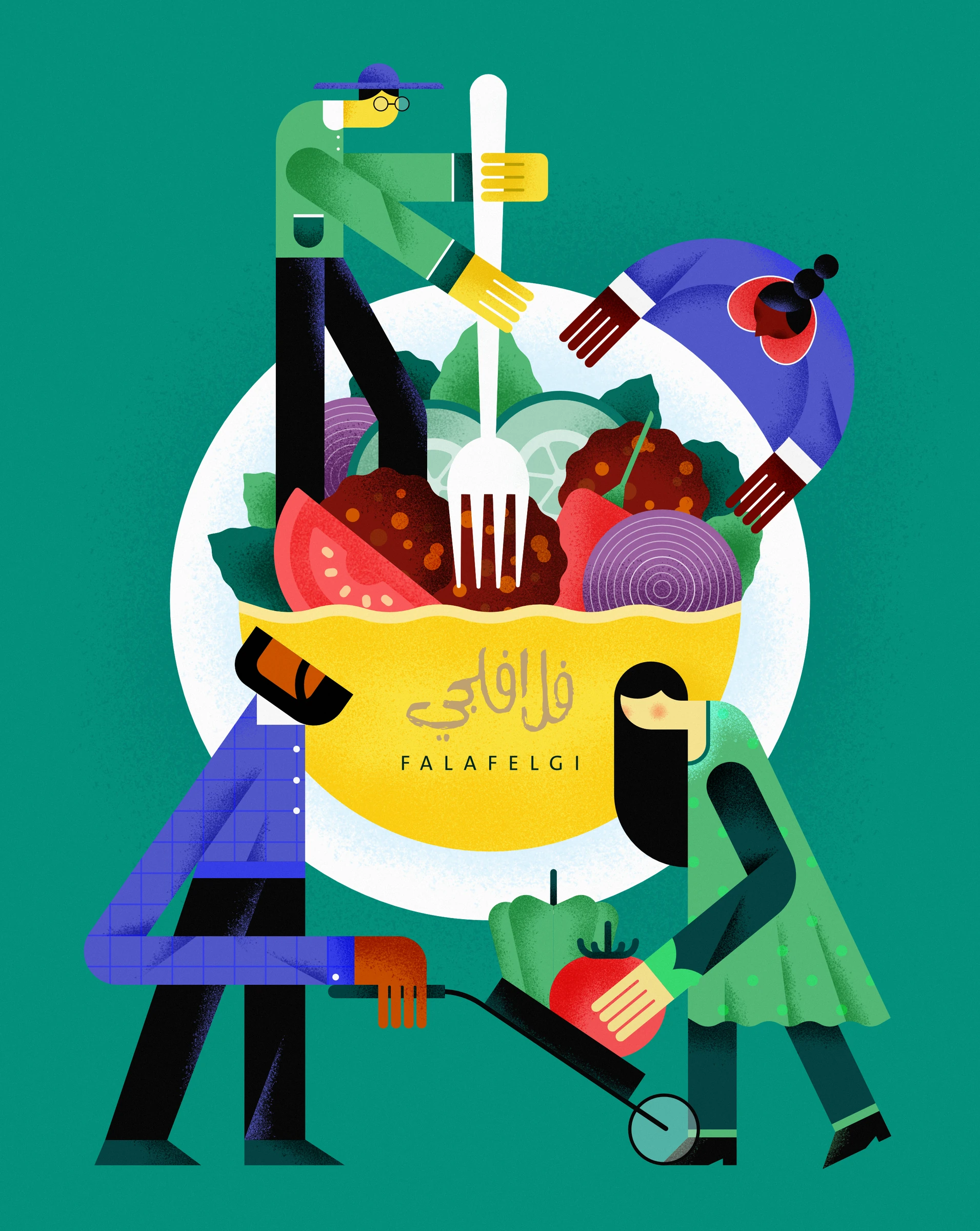 Illustrated restaurant poster for Falafelgi featuring people sharing a bowl of falafel and vegetables.
