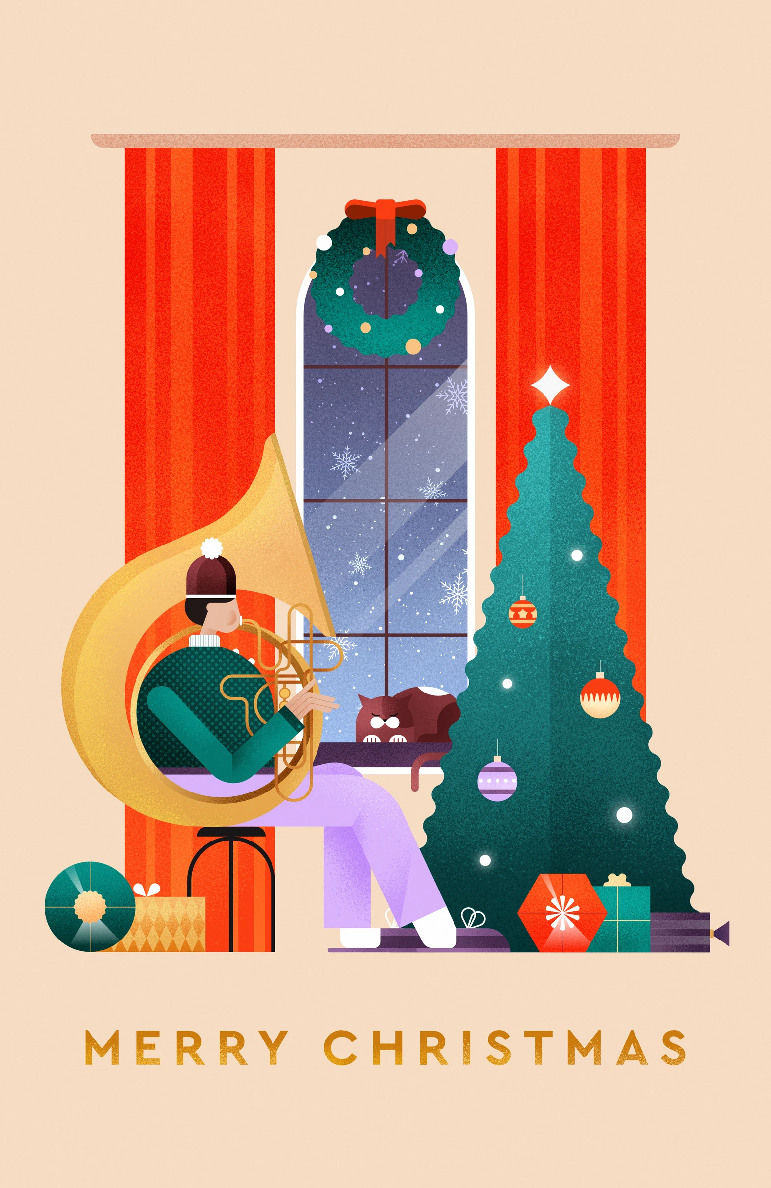 A collection of festive illustrated greeting cards featuring geometric holiday scenes, seasonal characters, Christmas decorations, and warm winter atmospheres created for Thortful.