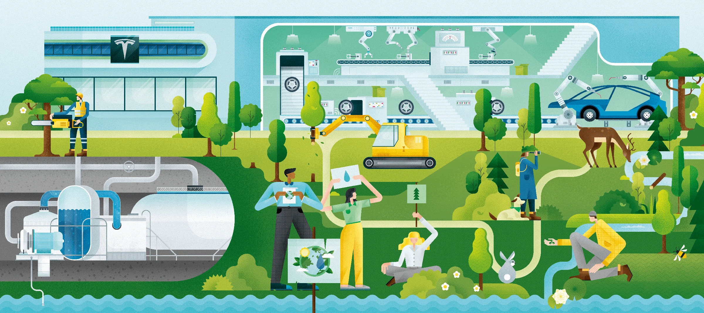 Editorial illustration about future mobility and the green concepts for "Electrified" magazine. The illustration and article focus on the end of the euphoria of the Tesla Giga Factory in Gruenheide, which was built by Elon Musk with government support. Environmentalists have criticized the factory for its enormous water consumption because much of the area where the factory stands has been declared a water protection zone. This restricts permitted activities, such as drilling, building or expanding industrial facilities to handle water-hazardous substances on a large scale.