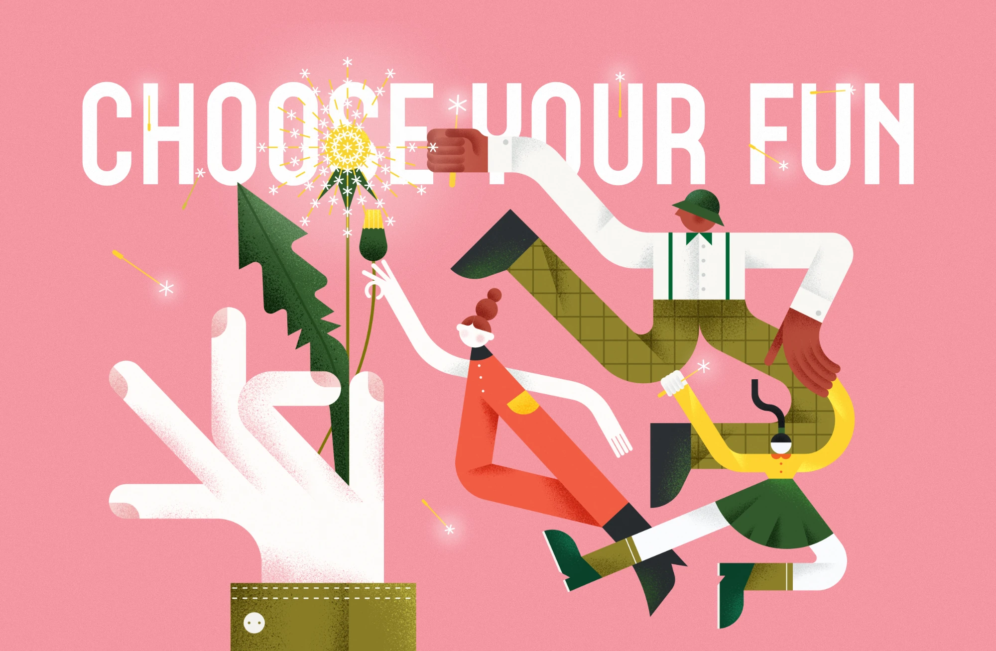Colorful geometric festival illustrations featuring stylized characters, music, entertainment, and social activities created for the “Choose Your Fun” event.