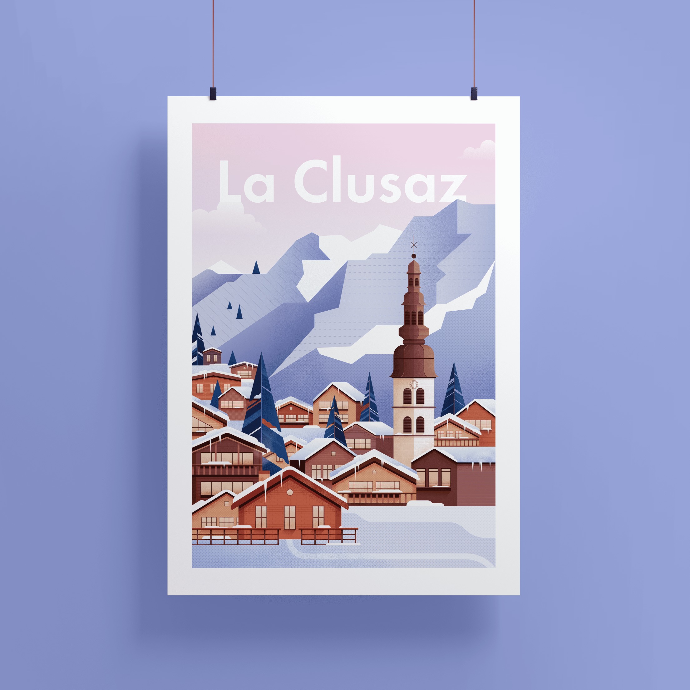 Illustrated poster of the alpine village La Clusaz in the French Alps with snowy mountains and chalet houses.