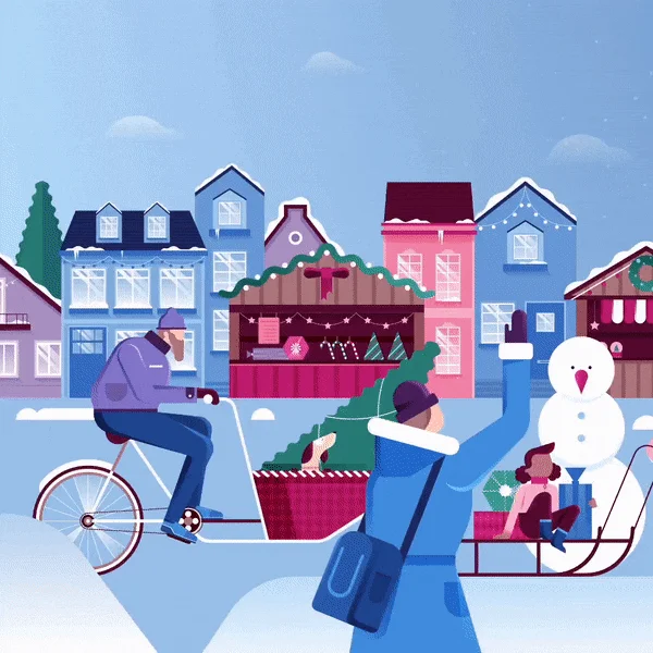 Animated winter illustration featuring a festive city scene