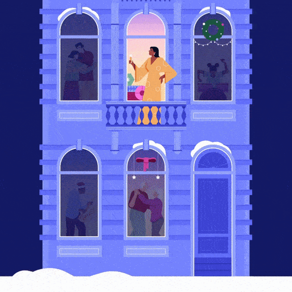 Animated holiday illustration featuring a festive evening scene