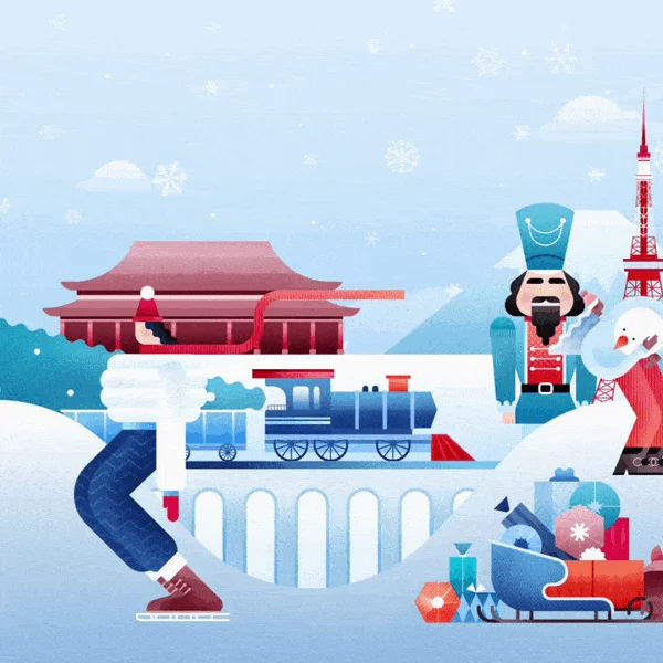 Wide panoramic holiday illustration featuring winter scenes, global landmarks, festive characters, and geometric compositions created for the World Economic Forum’s New Year e-letter.