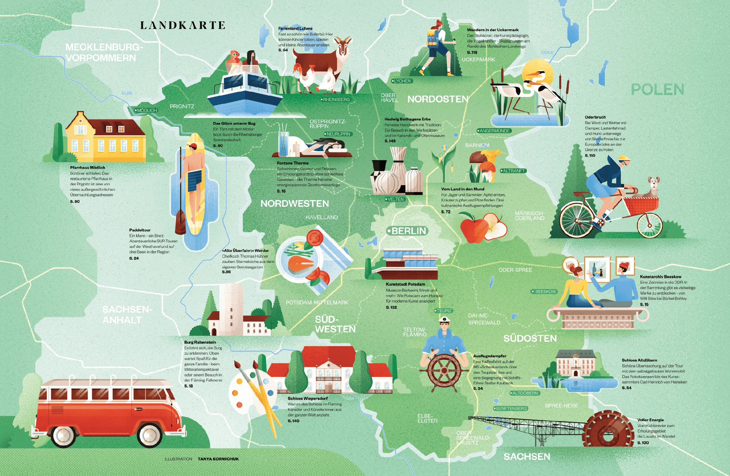 Editorial illustration for Tagesspiegel Brandenburg magazine - a map of Brandenburg with interesting and exciting places to travel. 18 mini illustrations with places you can visit and sights of the region. This magazine offers fascinating and inspiring recommendations for leisure activities throughout the year - clearly grouped by season, with the best sightseeing destinations and tours for young and old.