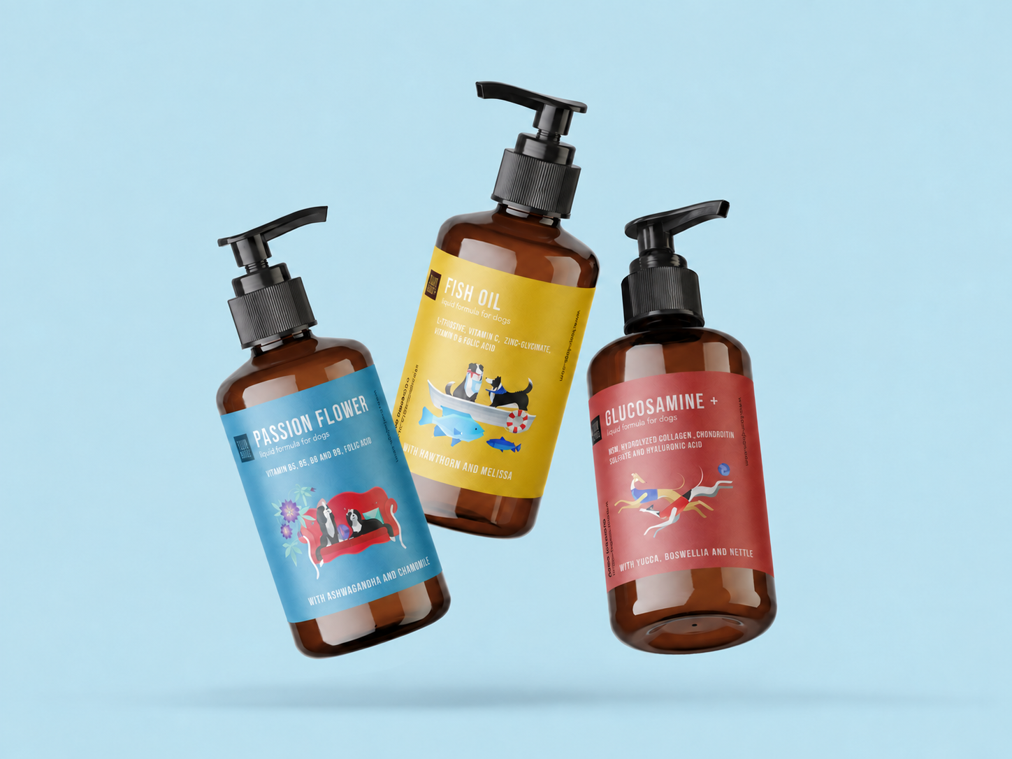 Kiwi Dogs illustrated supplement bottles on a light blue-grey background