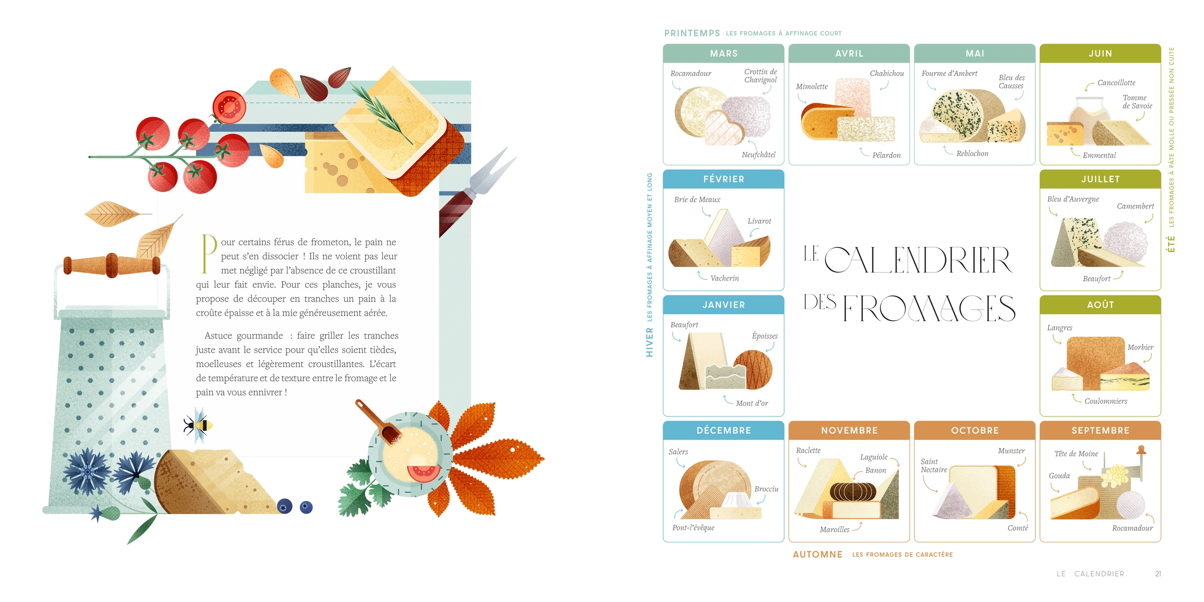 Illustrated cheese calendar and serving advice from La Fiole et le Frometon