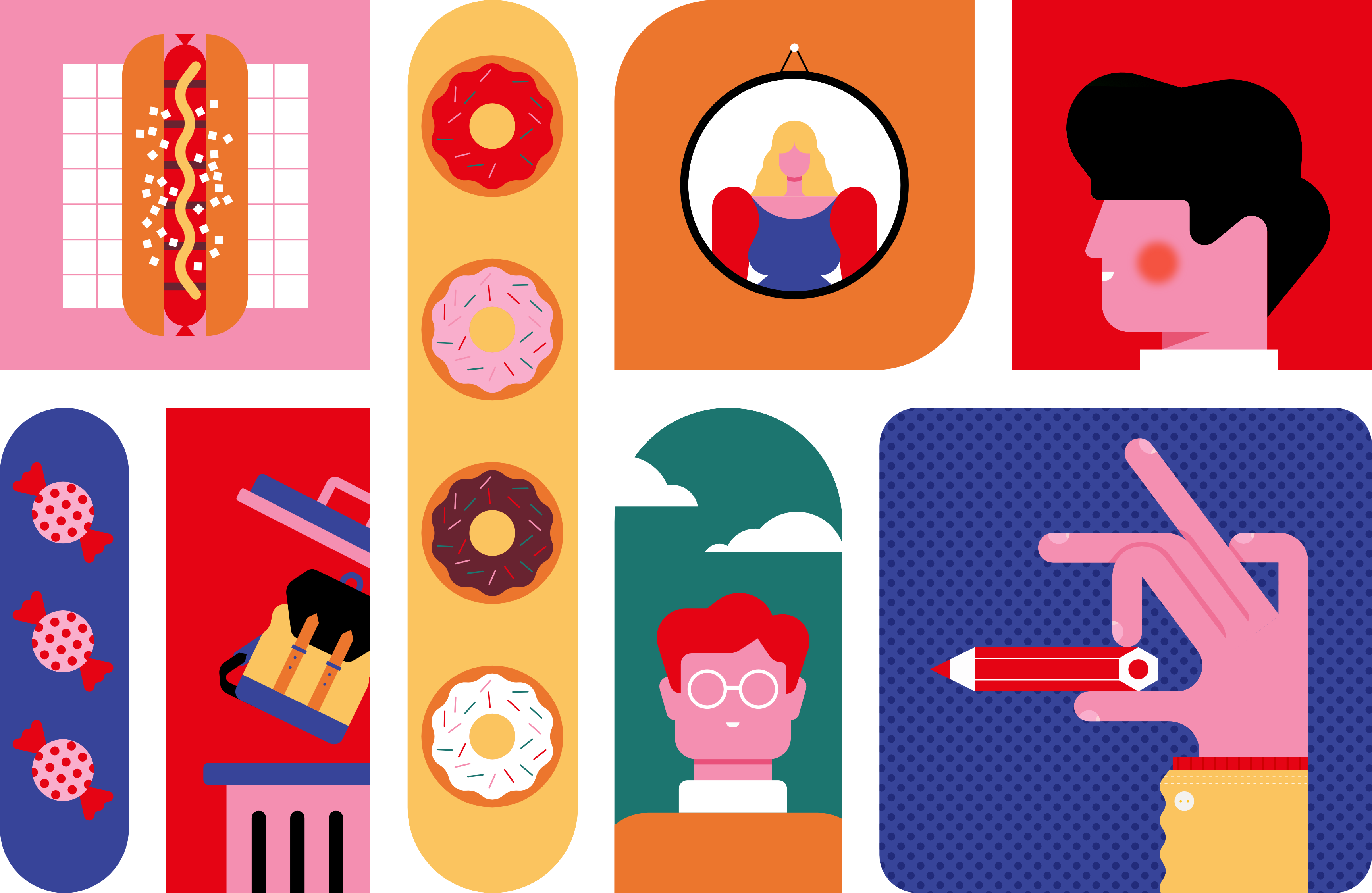 Colourful composition of book illustrations featuring food, characters, a mirror and a hand holding a pencil.