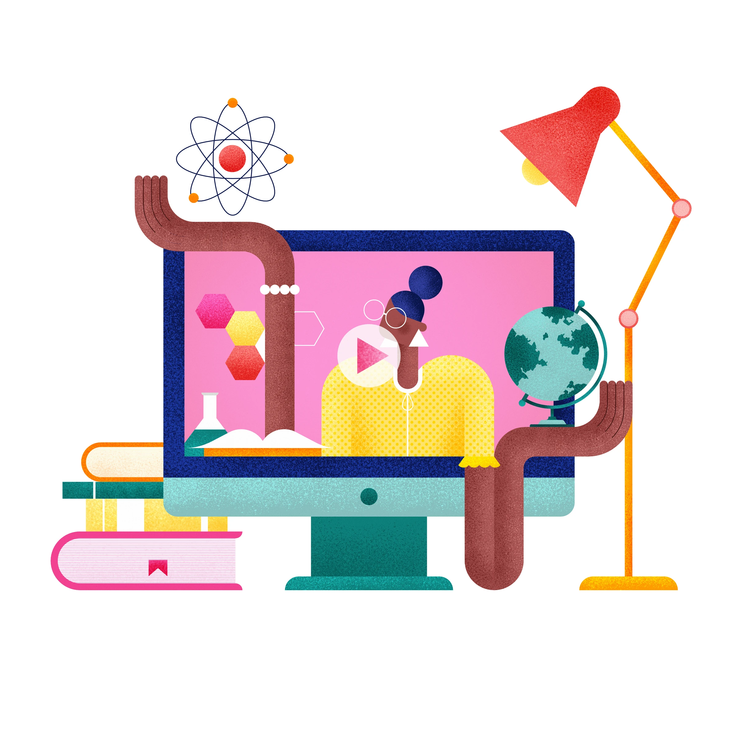 Online education illustration with a teacher, computer, books and science symbols.