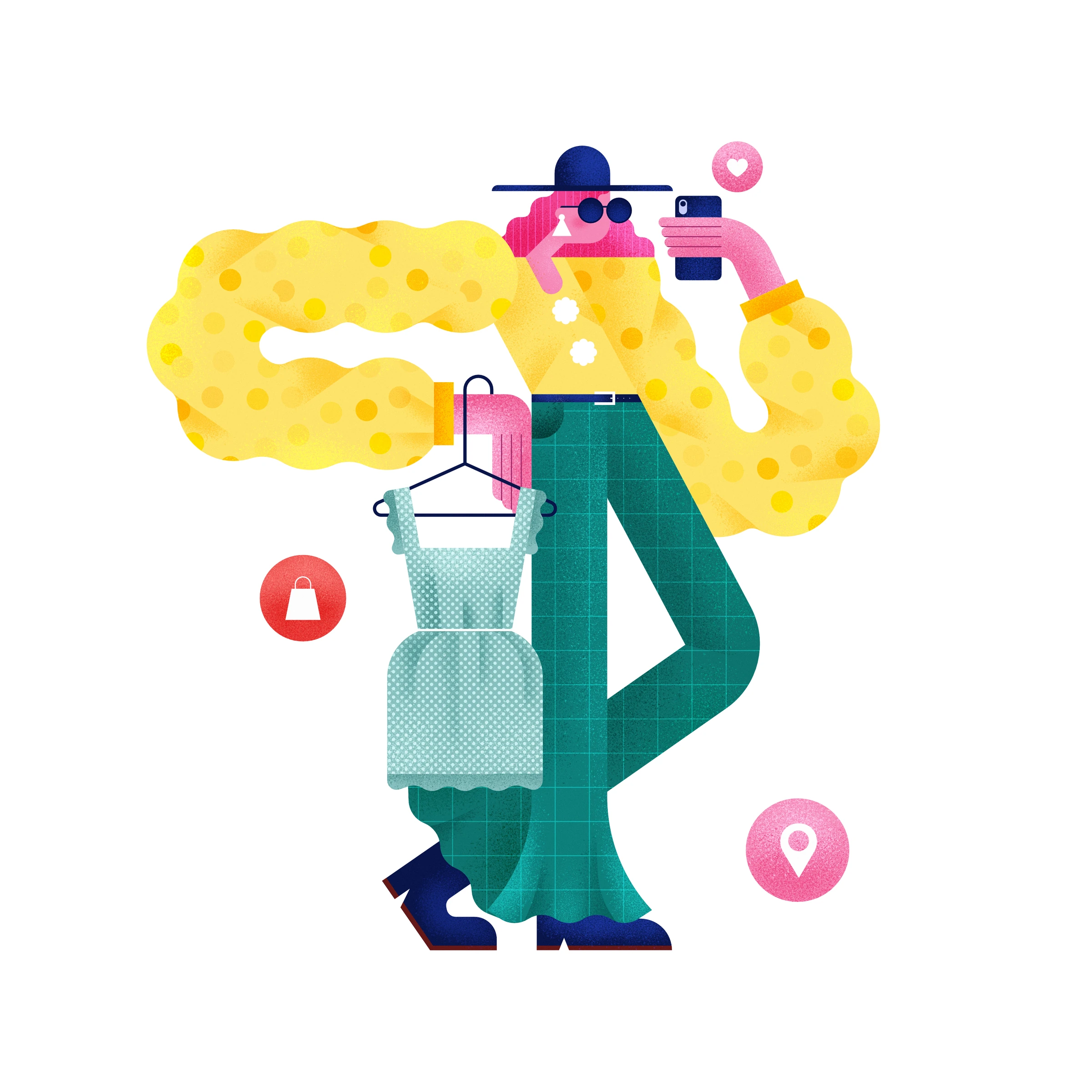 Illustration of a woman shopping online with a phone and a dress.