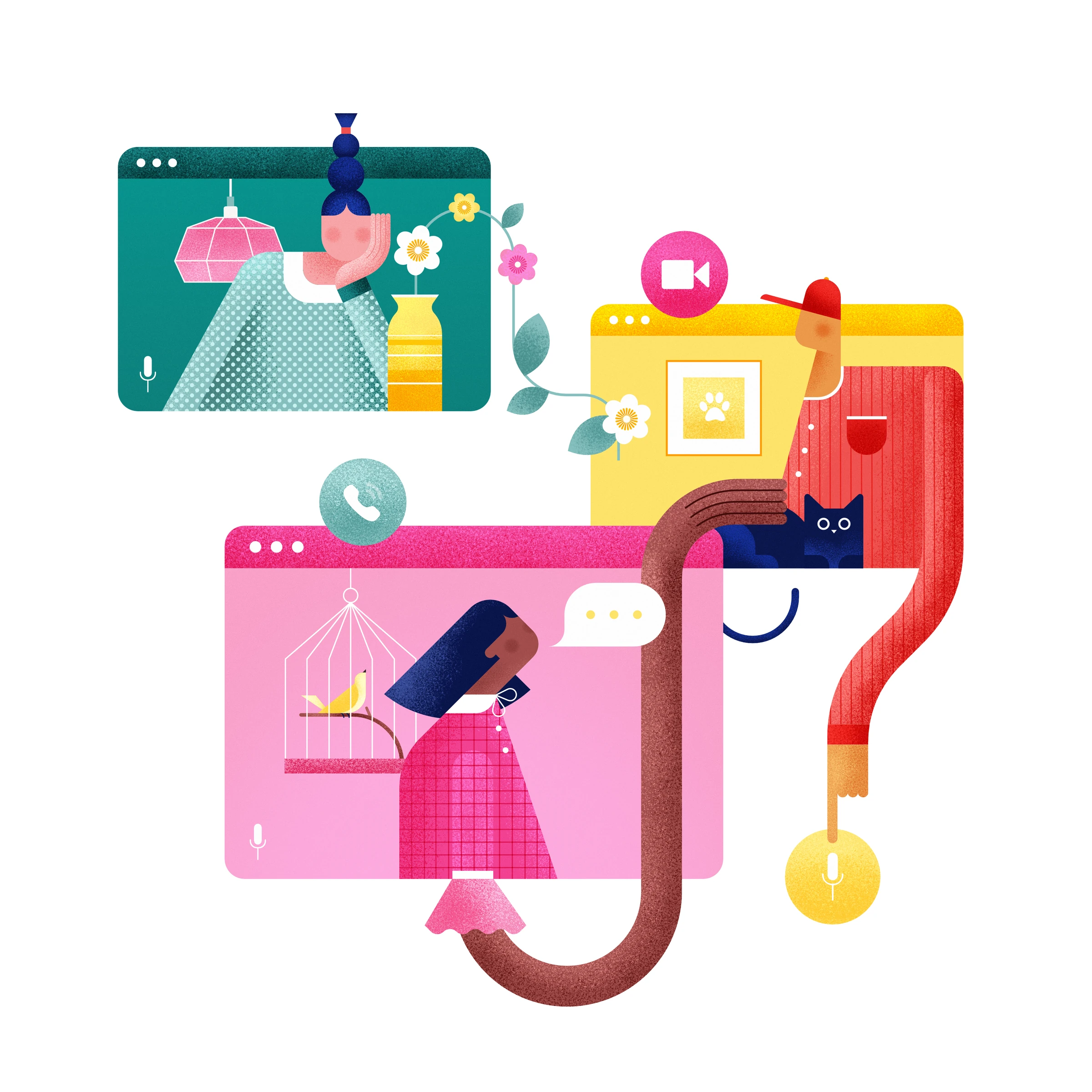Illustration of three people connecting through a video meeting.