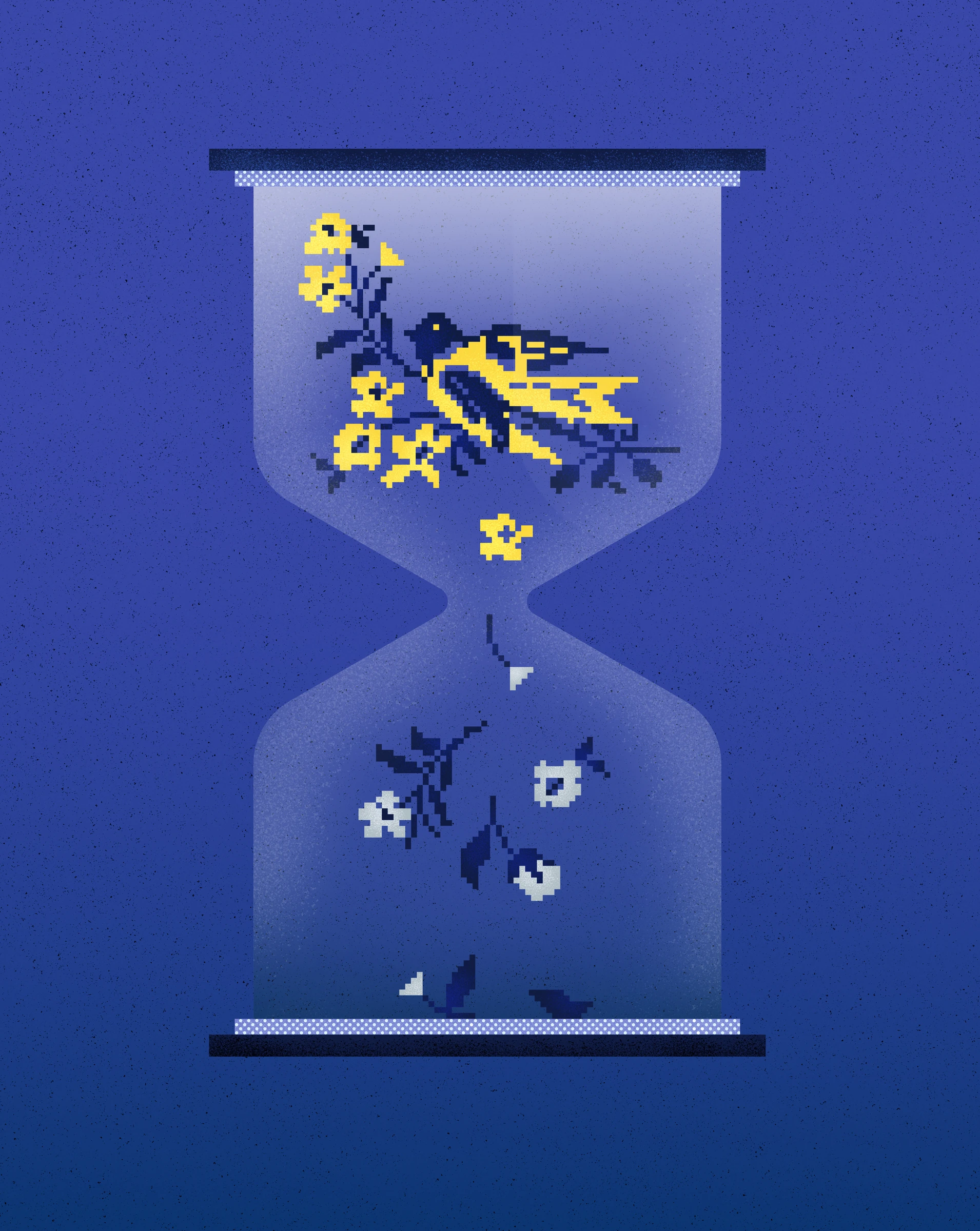 Blue hourglass poster with a yellow bird and flowers inspired by Ukrainian embroidery, falling into scattered fragments.
